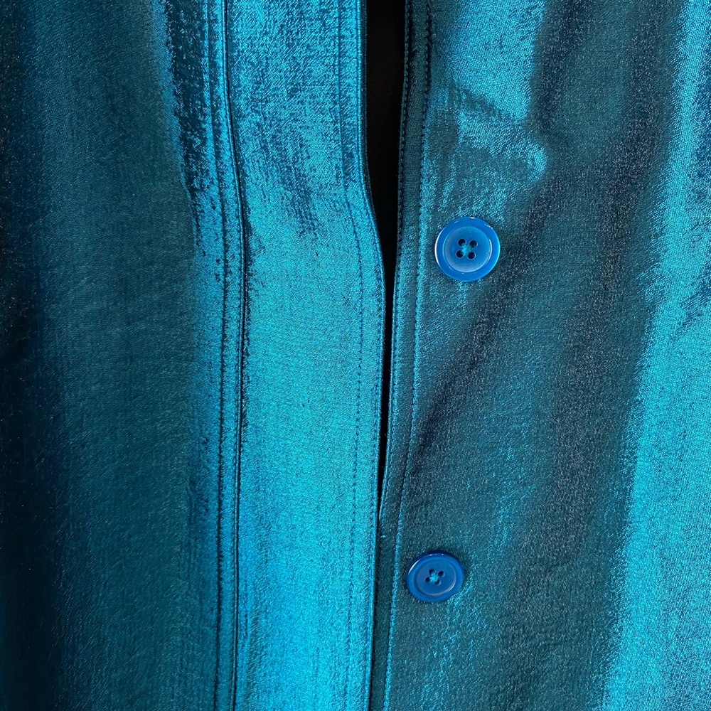 Chico's Teal Blazer Coat Lightweight Relaxed Fit Shiny Size 1/M Classic Workwear - Picture 2 of 5
